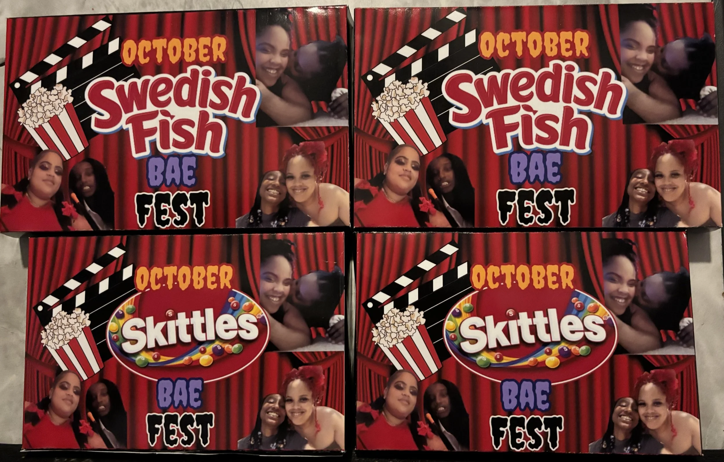 Candy boxes featuring a red curtain background with photos of four women, popcorn, a film clapperboard, and text promoting October Bae Fest and Swedish Fish Skittles.