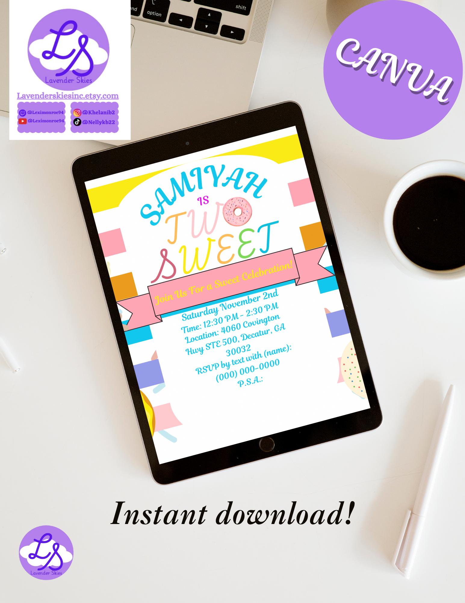 Flyer for a like cupcake celebration event with colorful text and graphics, displayed on a tablet on a white desk with a coffee cup and a pen, promoting instant download.