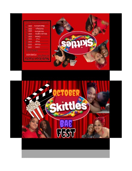 Poster featuring the October Skittles Bae Fest with photos of smiling young women and a popcorn bucket, set against a red and black striped background, with a movie clapperboard graphic.