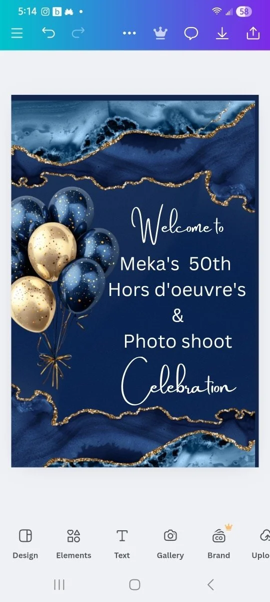 Invitation with dark blue marbled background, gold accents, and balloons celebrating Meka's 50th birthday, for a photo shoot and hors d'oeuvres celebration.