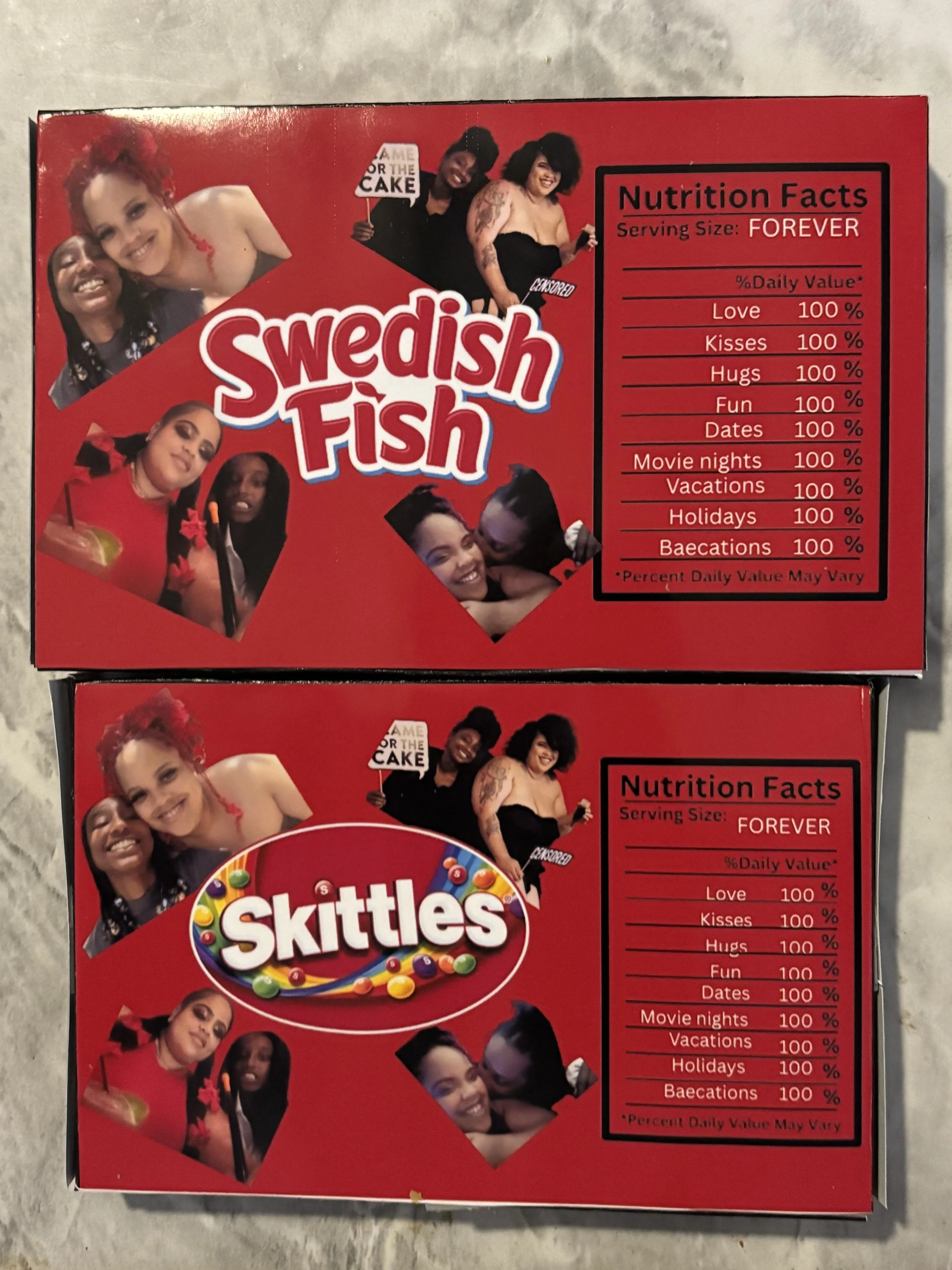 Two boxes of Swedish Fish and Skittles candy with a red background, featuring images of happy, diverse people and a nutrition facts box listing playful, exaggerated categories for enjoyment.