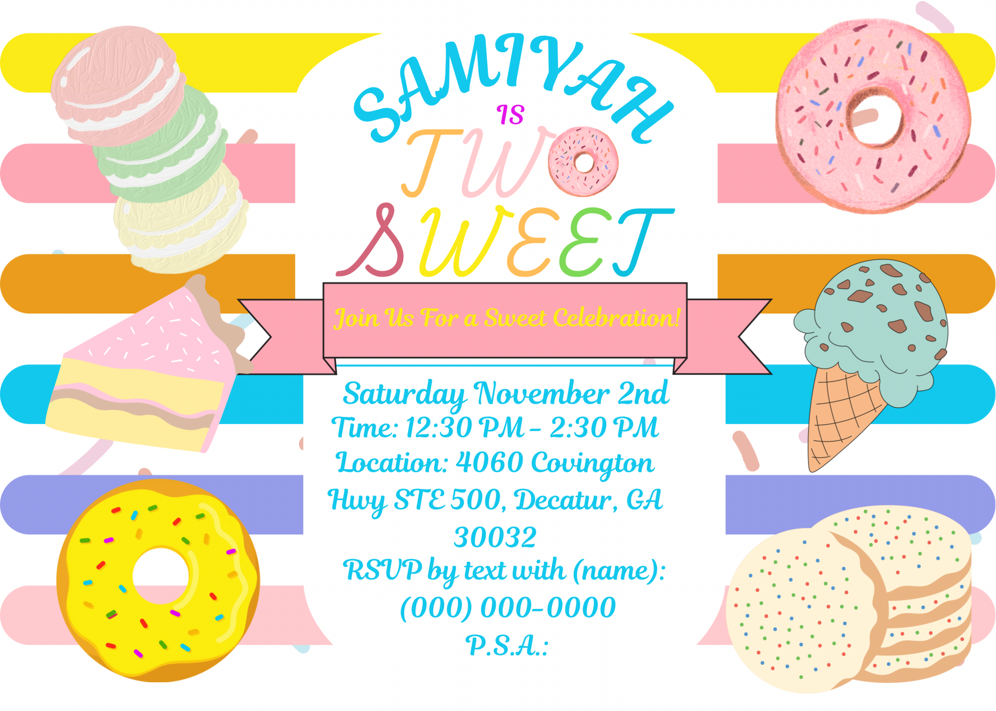 Colorful birthday party invitation with various illustrated donuts and ice cream cones surrounding the event details in the center.