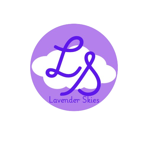 Logo with purple circle background, white cloud, lavender script initials "LS," and the text "Lavender Skies" at the bottom.
