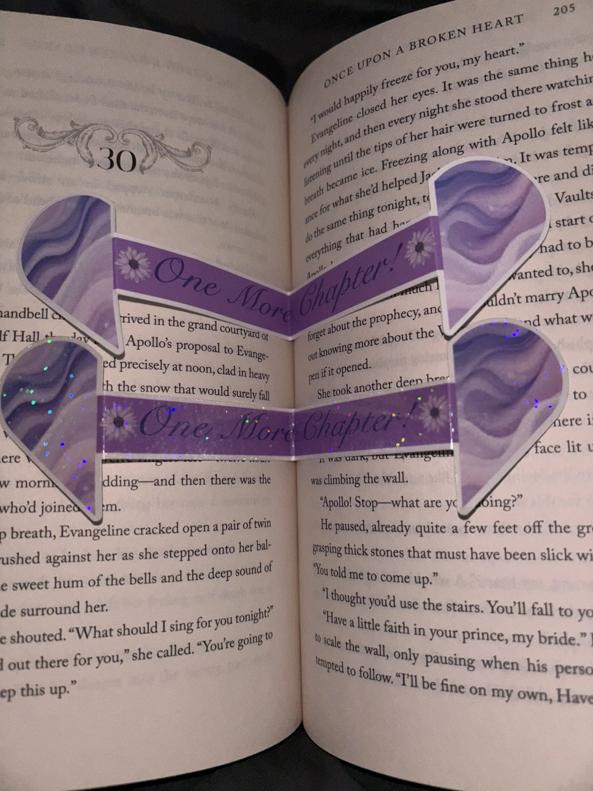 Open book with an insert reading "One More Chapter!" repeated twice, decorated with purple and lavender colors and daisy flowers.