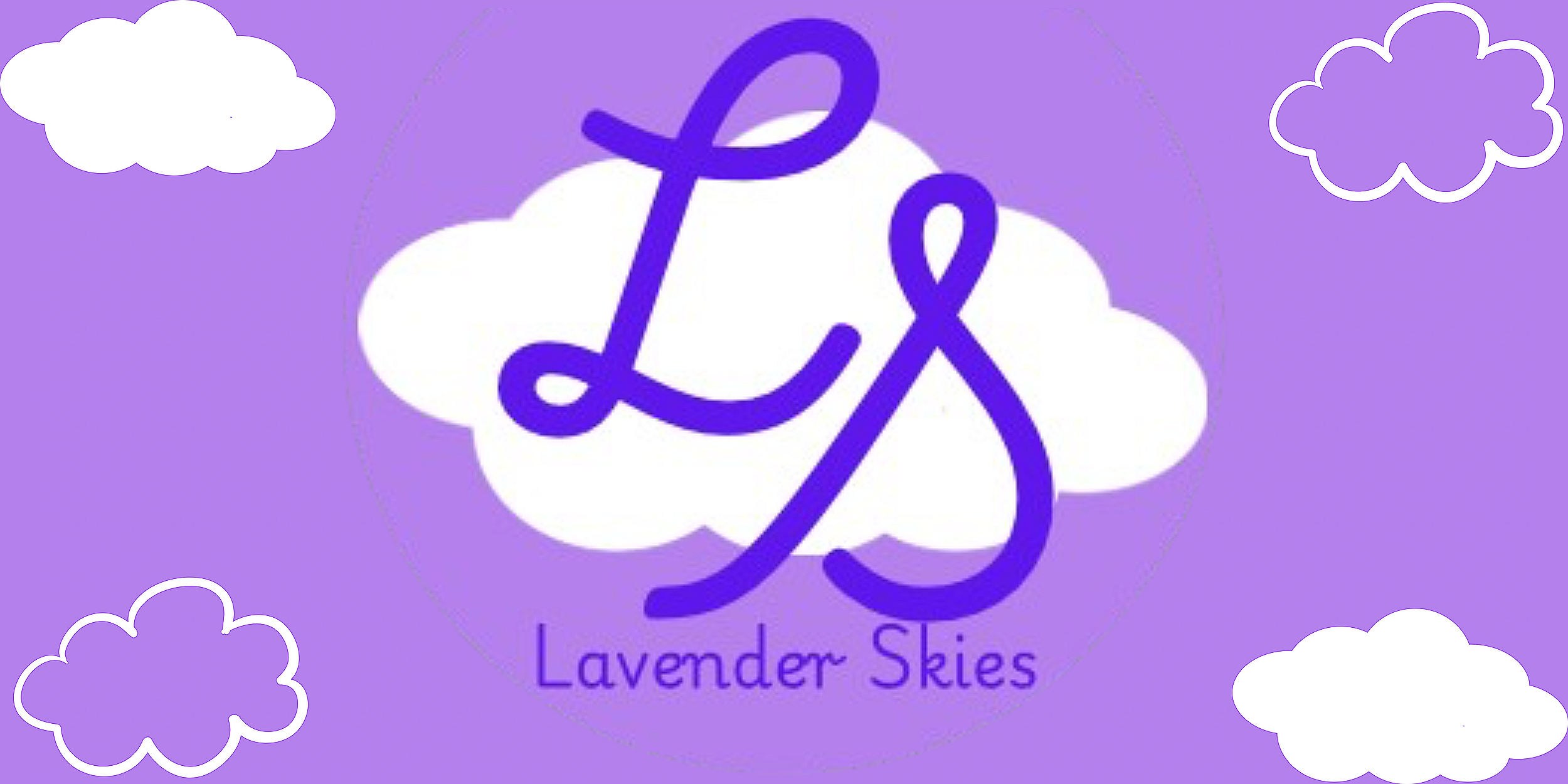 Purple background with white clouds and a central white cloud featuring purple cursive letters 'L' and 'L' intertwined. Text underneath reads 'Lavender Skies'.