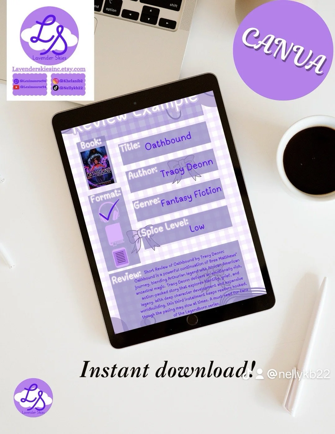 Tablet on white desk displaying a book review for 'Oathbound' by Tracy Deonn, categorized as fantasy fiction with a low spice level, alongside social media and shop information, a cup of black coffee, a keyboard, and a pen.
