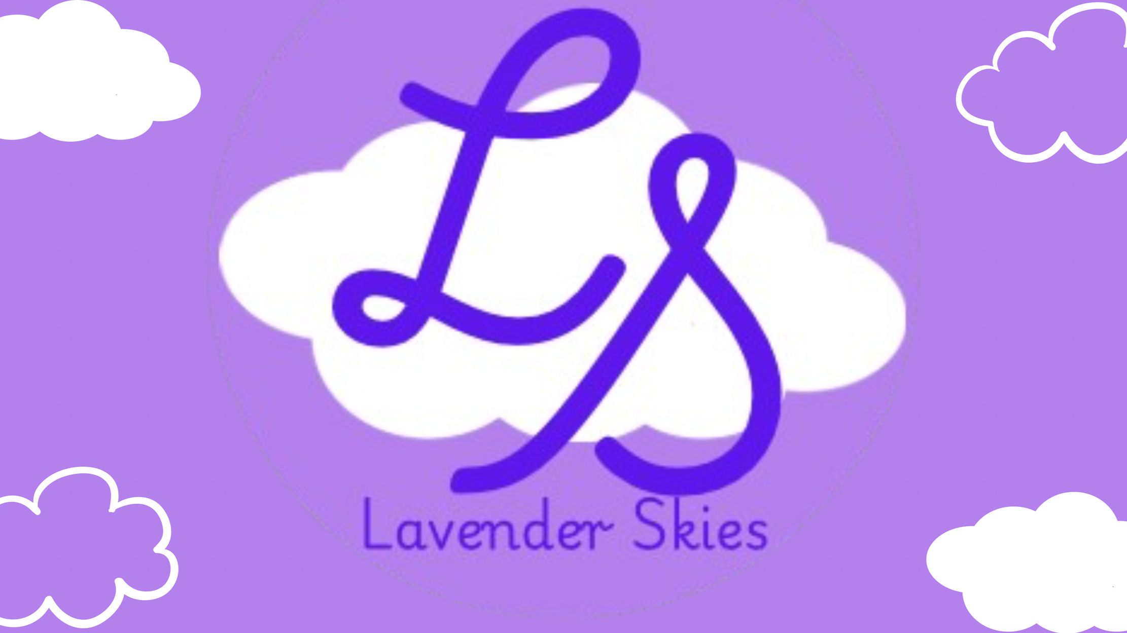 Lavender skies logo with a white cloud and purple text reading Lavender Skies on a purple background with outlined clouds.