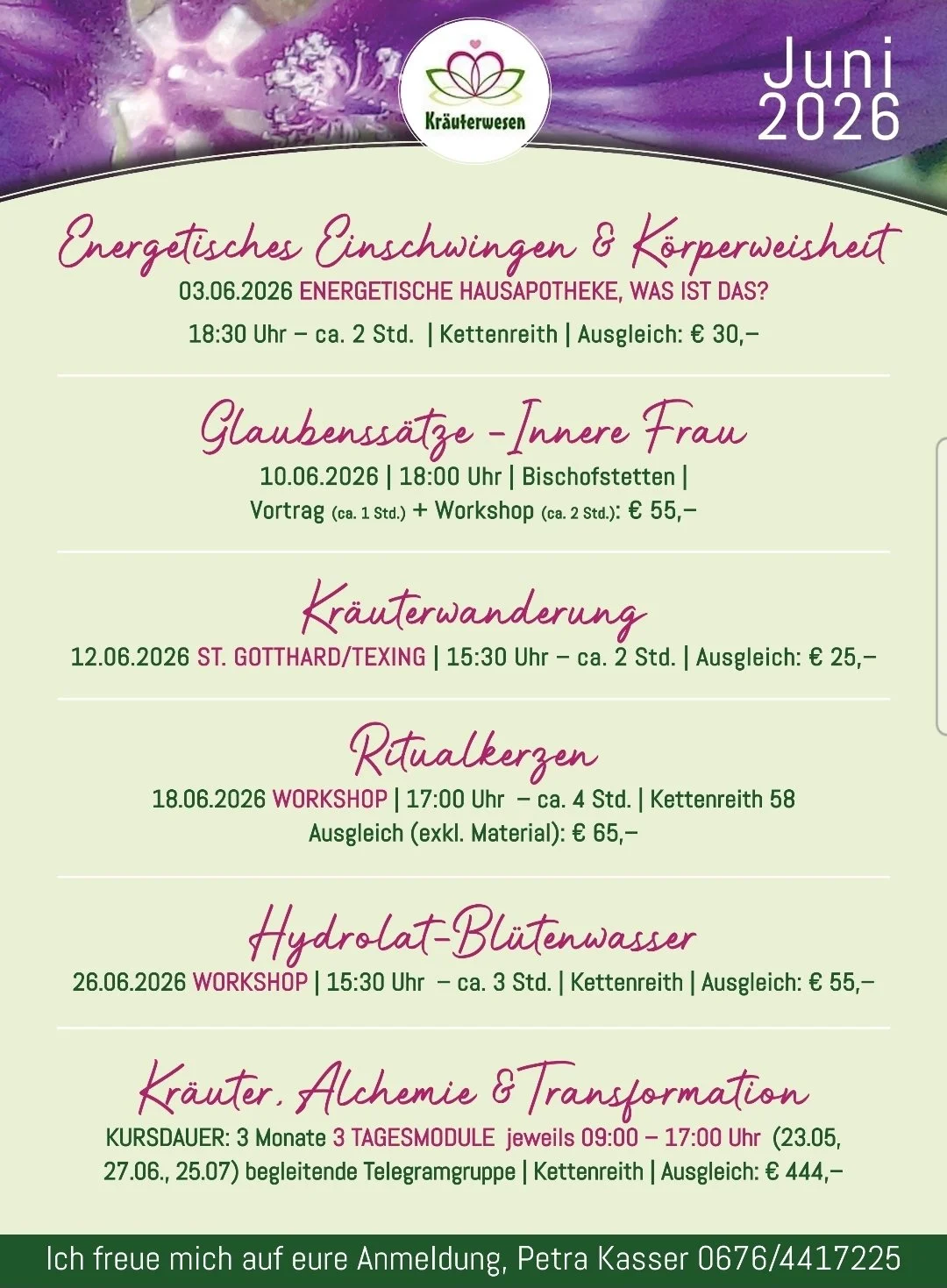 Juni, Workshops, Kräuterwanderung, Singkreis