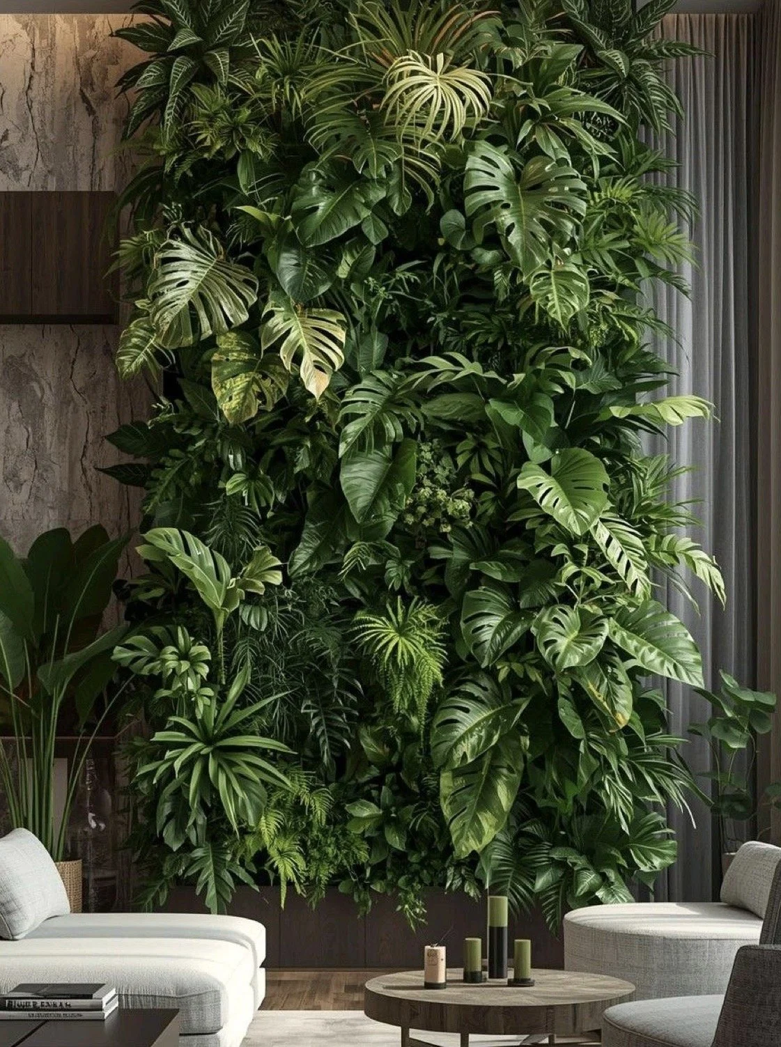 Indoor living room with a large vertical green wall of various lush plants in the background. The room has modern furniture, including a white sofa and a round wooden coffee table with candles.