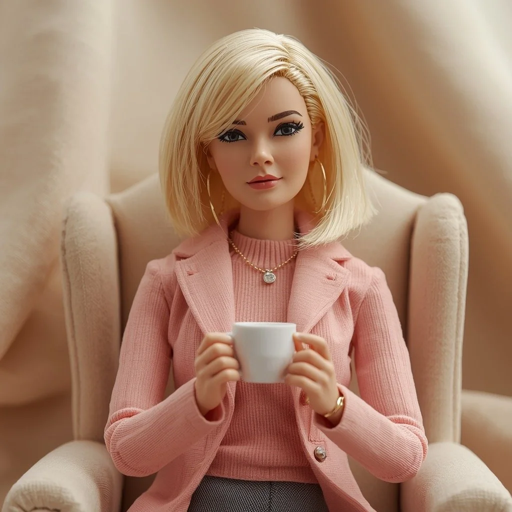 A doll with blonde hair, dressed in a pink blazer and sweater, sitting in a beige armchair, holding a white cup.