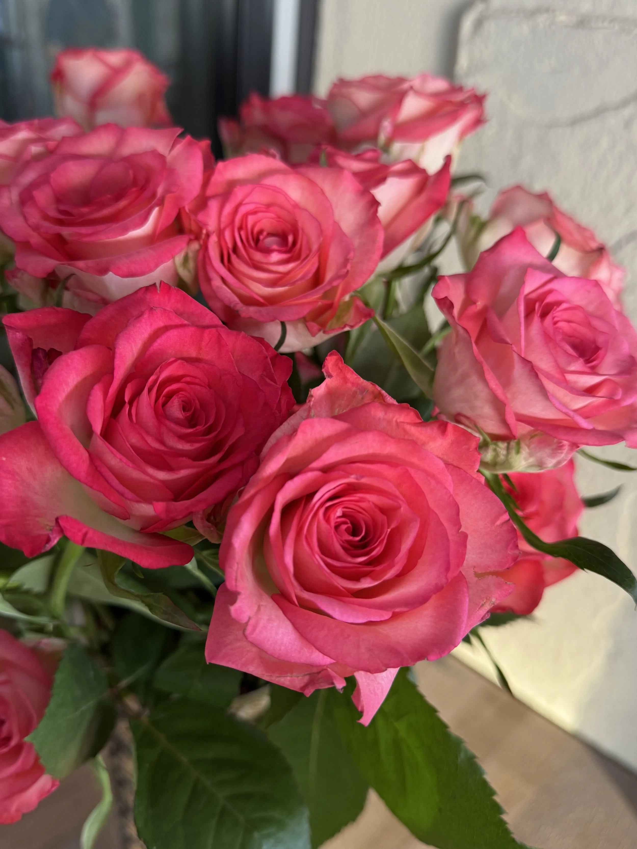 Close-up of a bouquet of pink and white roses with green leaves against a blurred background.