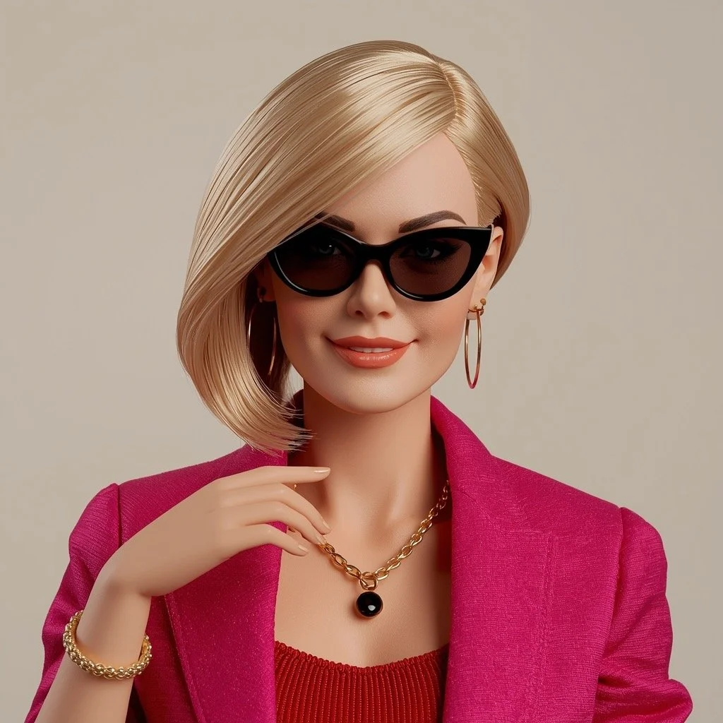 A woman with blonde hair styled in a sleek bob, wearing dark sunglasses, gold hoop earrings, a gold chain necklace with a black pendant, a pink blazer, and a matching pink top. She has on a gold bracelet on her wrist and is smiling.