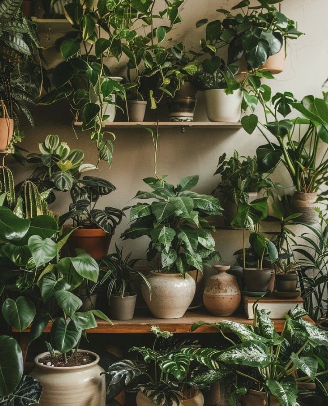 A variety of potted houseplants on shelves and a table, including pothos, monstera, and calathea plants.