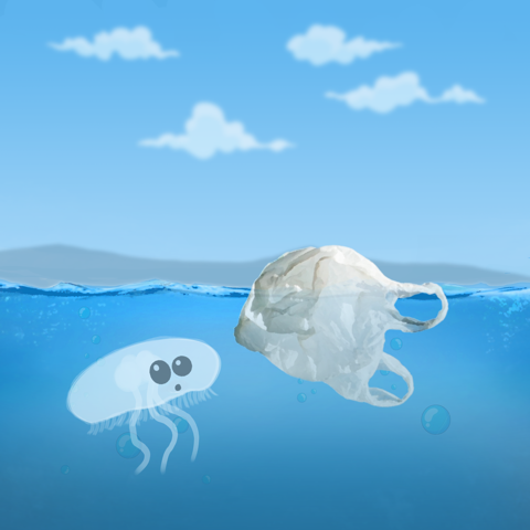 Cartoon image of a jellyfish with eyes underwater near a crumpled plastic bag floating on the water surface, with a blue sky and clouds in the background.