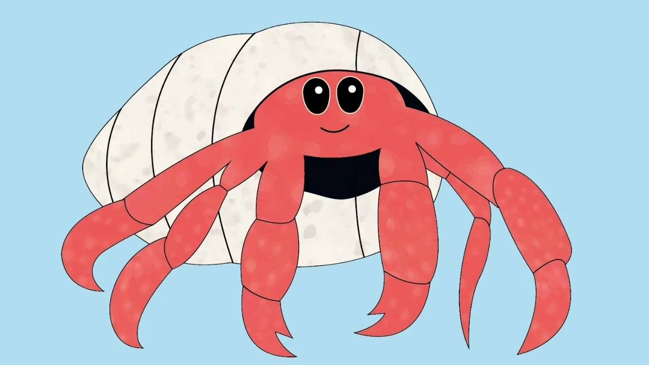 Cartoon crab with a smiling face and large eyes, sitting on a clam shell against a light blue background.