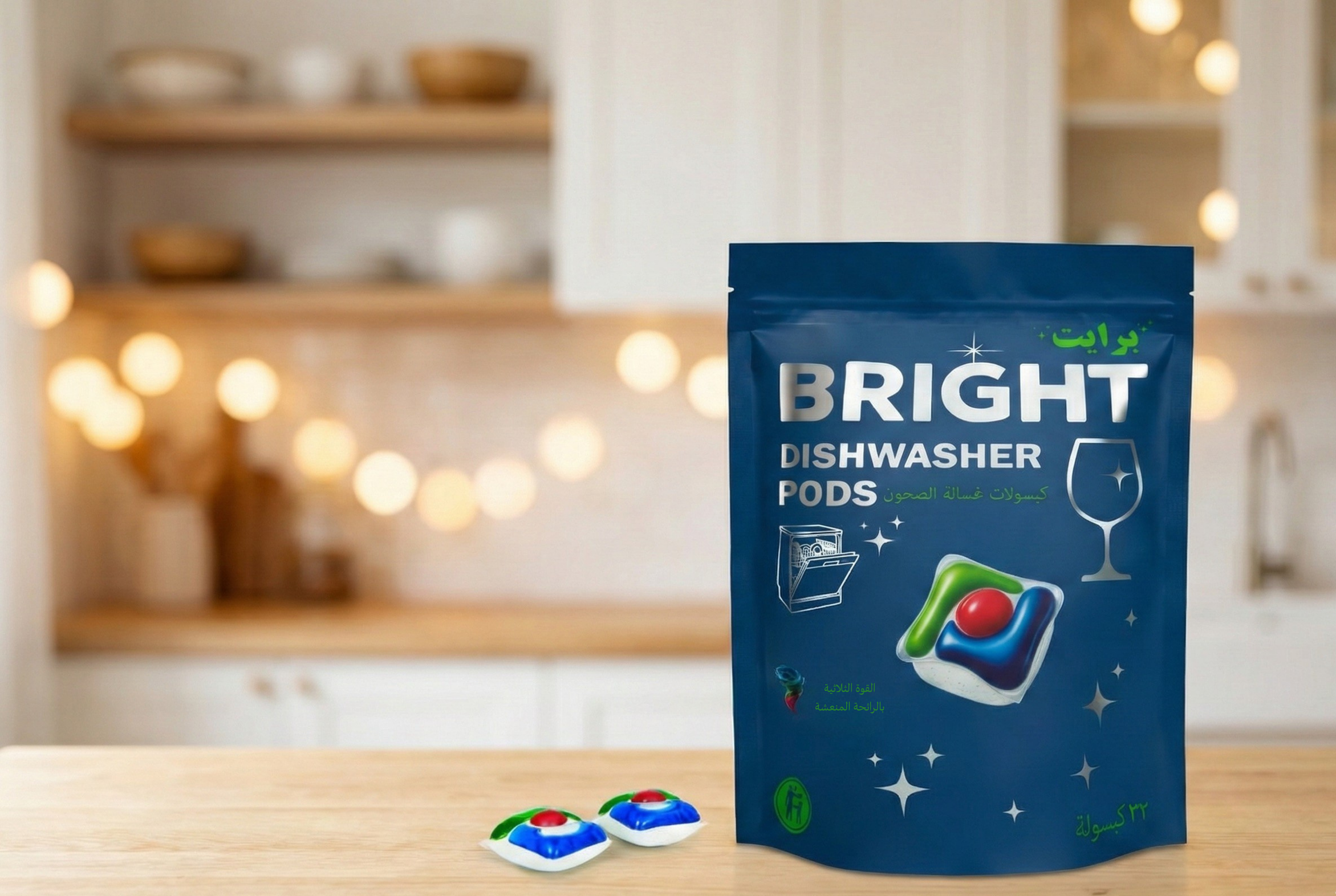 A blue package of Bright dishwasher pods with three colorful pods in front, on a wooden surface in a kitchen setting with blurred shelves and lights in the background.
