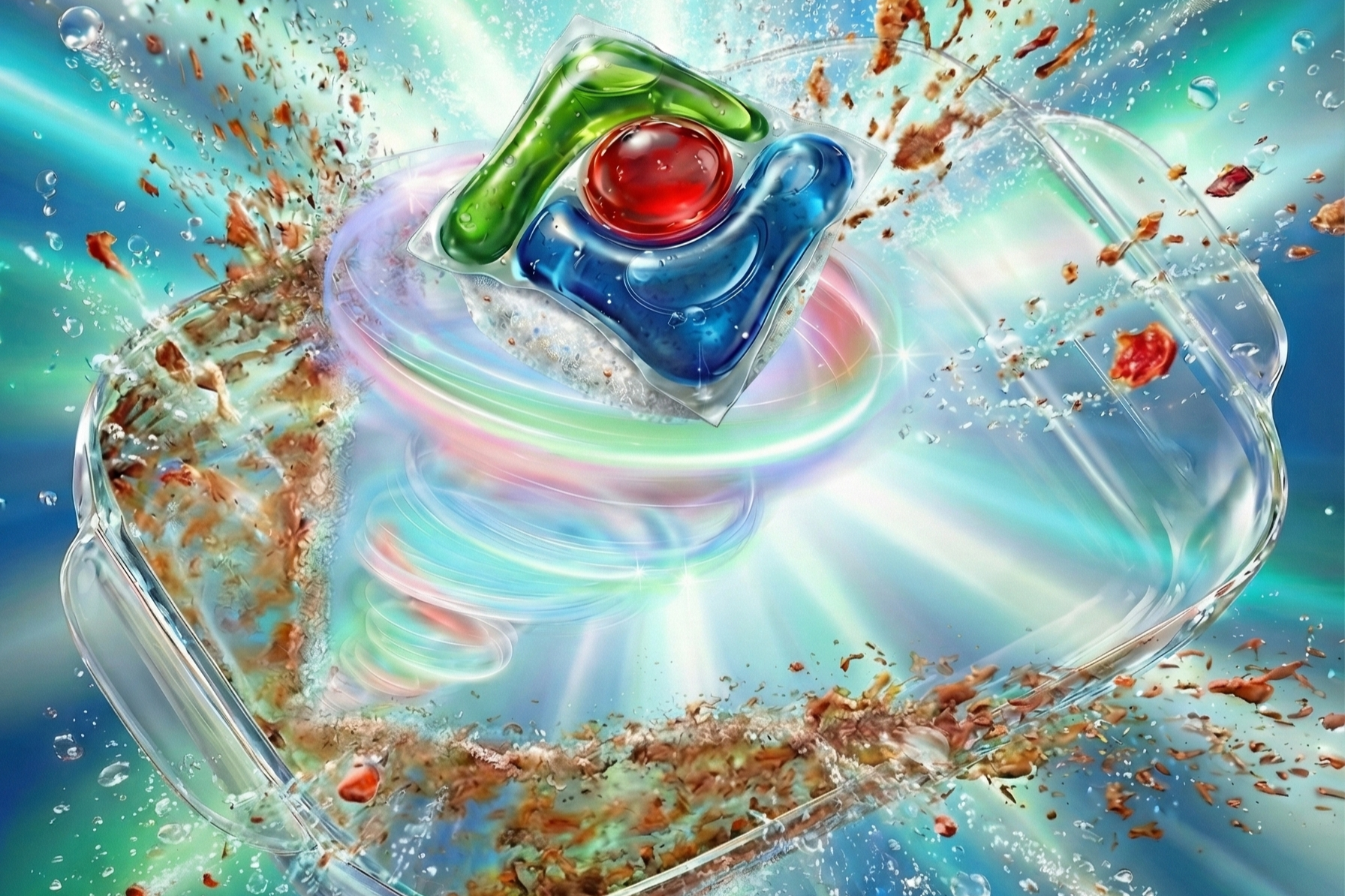 An abstract depiction of a dishwasher detergent tablet bursting, with colorful liquids and powders splashing outward in an energetic display.