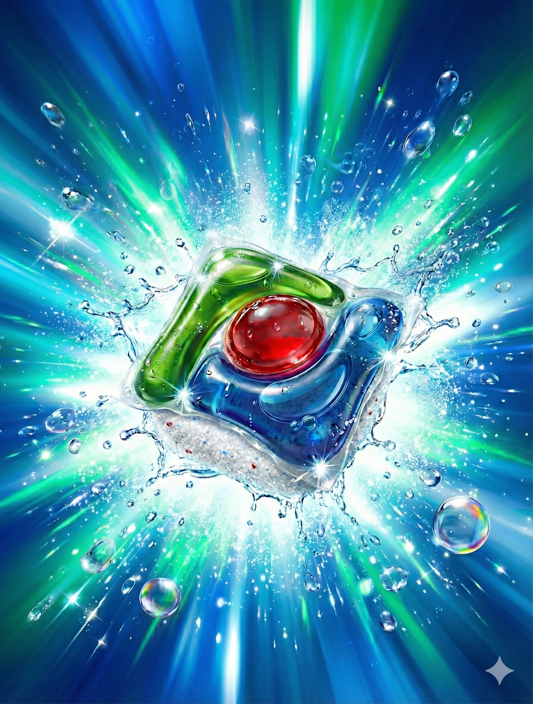 A colorful, abstract depiction of a washing machine detergent pod, surrounded by splashes of water and vibrant streaks of light.