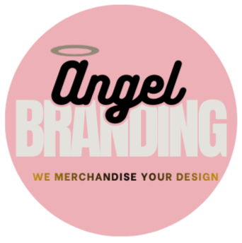 Logo for Angel Branding with pink background and angel halo above the word 'Angel,' featuring the tagline 'We merchandise your design'.
