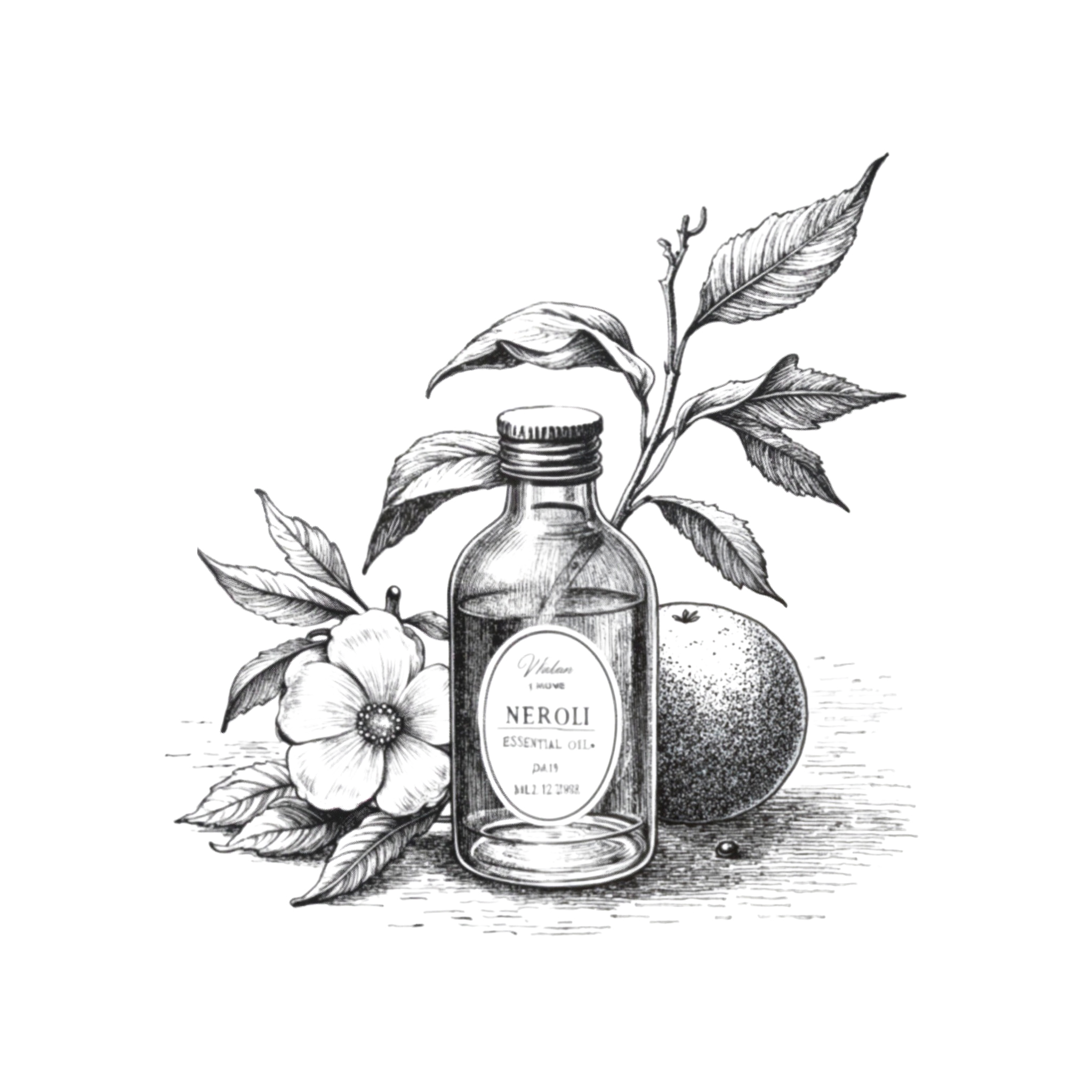 Une illustration en noir et blanc d'un flacon d'huile essentielle de néroli, entouré d'une branche avec des feuilles, une fleur et un fruit, probablement d'orange.