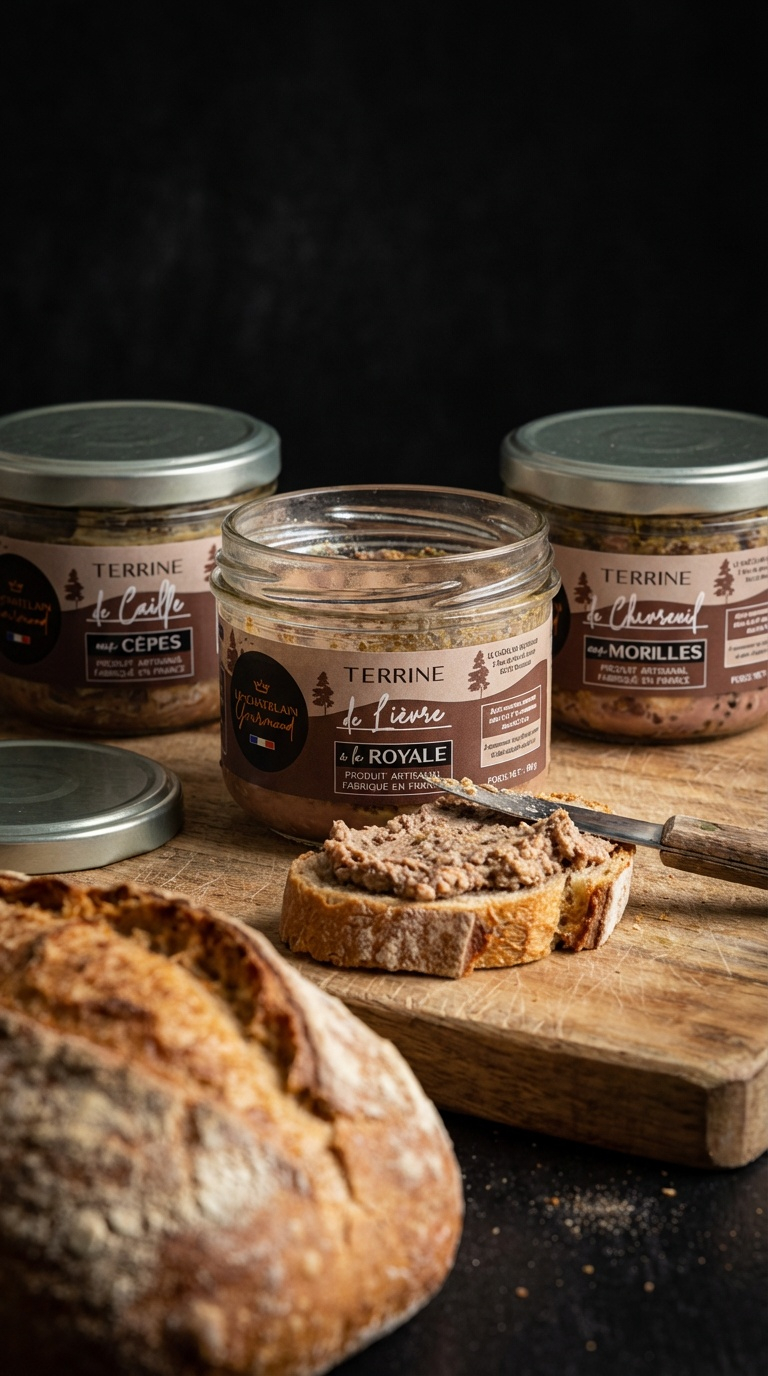 Trois pots de terrine artisanale avec des étiquettes en français, différents types de terrines, un couteau, et du pain frais sur une planche en bois.