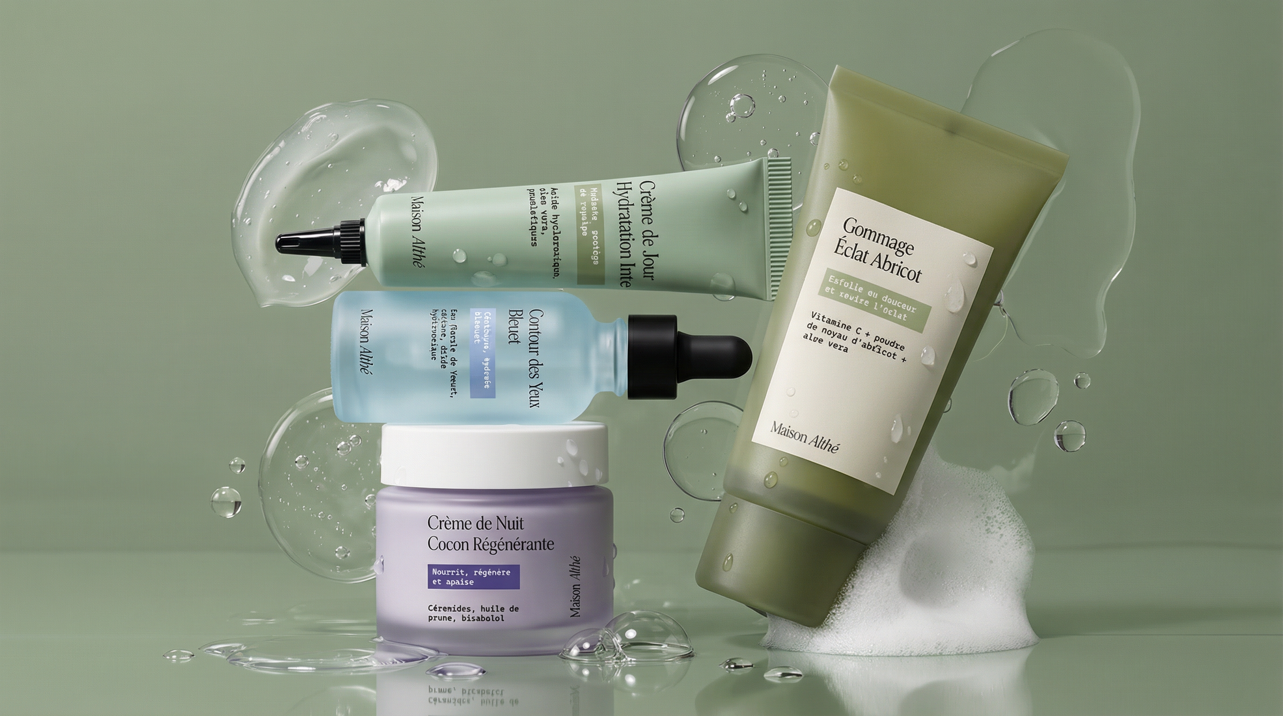 DA et packaging d'une Gamme de produits de soins de la peau, y compris une crème de nuit, un sérum, un exfoliant à l'abricot, présentés avec de l'eau et des bulles sur un fond vert pastel.