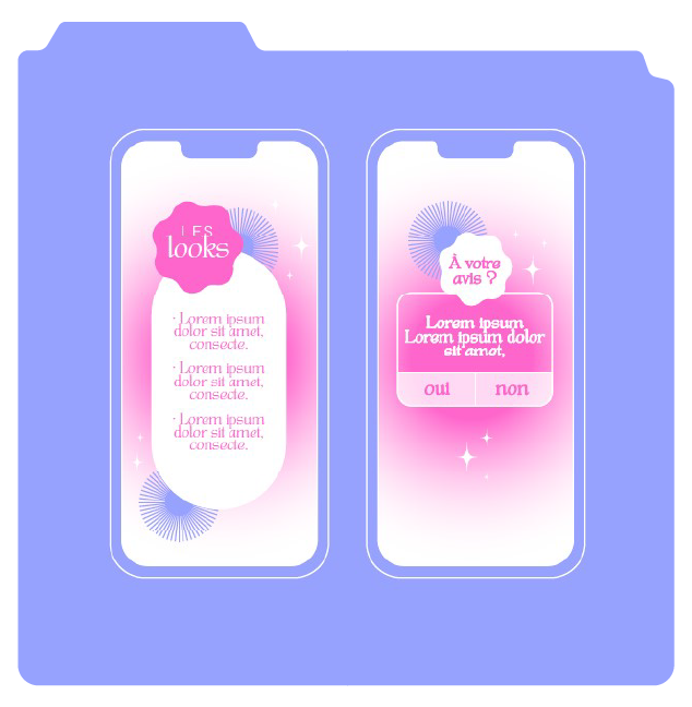 Création du Feed instagram de La Vie en Rose. Deux captures d'écran d'une interface de sondage ou de questionnaire sur un téléphone portable sur instagram, avec des éléments de design en couleurs roses, blanches et bleues.
