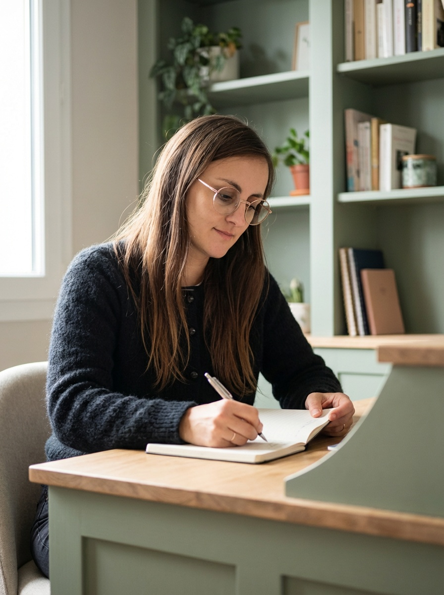 Lauriane Celton Pénisson, graphiste freelance, écrit dans son carnet dans un bureau avec des étagères remplies de livres et de plantes
