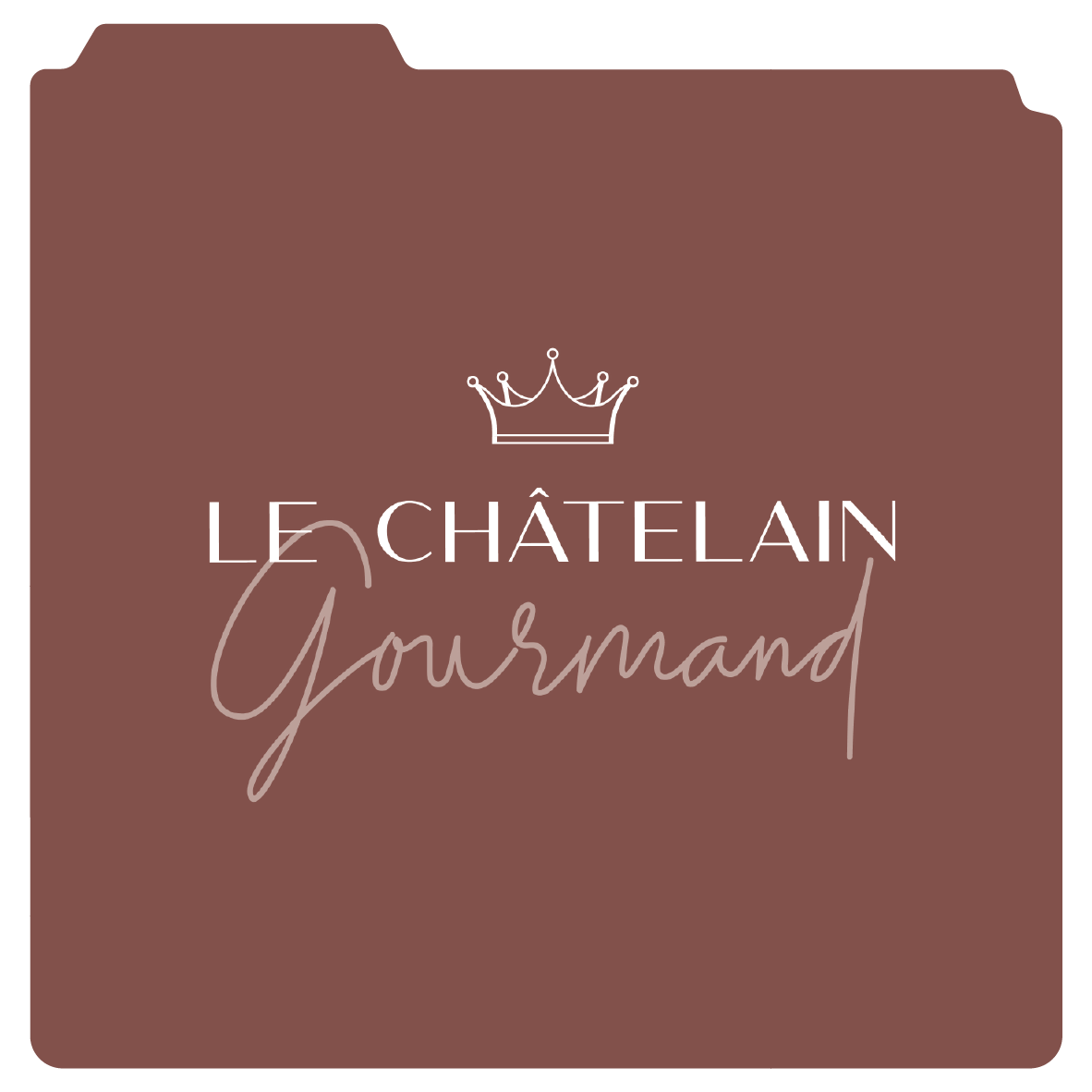 Logo avec texte "Le Châtelain Gourmand" et une petite couronne au-dessus, fond marron.