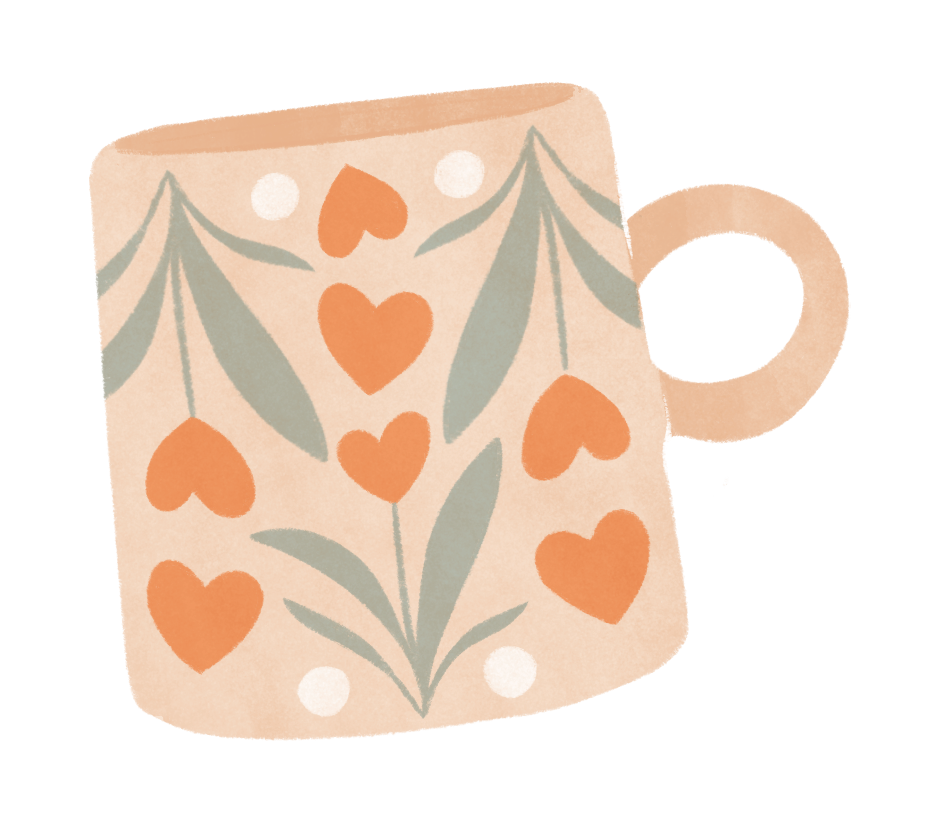 Tasse avec une décoration de cœurs, de feuilles et de points blancs sur un fond pastel beige.
