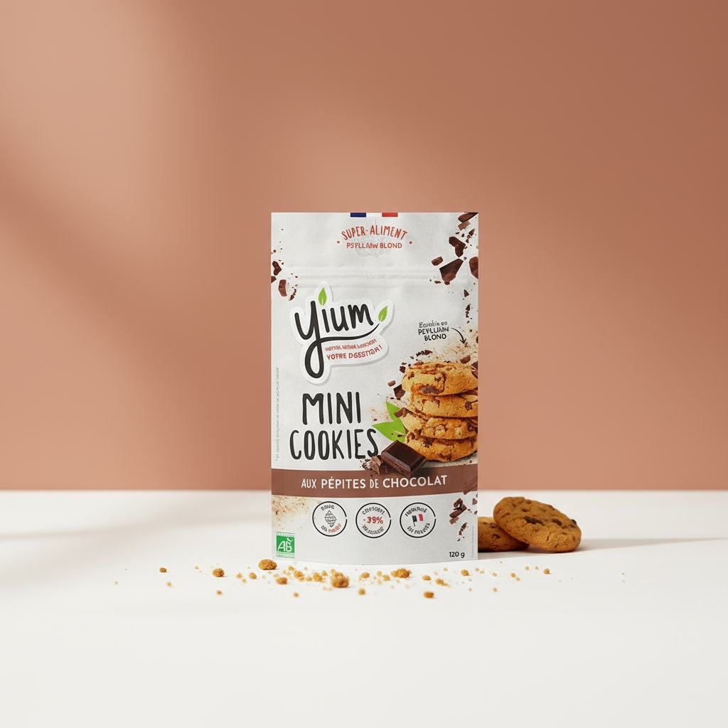 Création de packaging de cookies mini au chocolat au psyllium blond pour la marque Yium. Graphisme par Lauriane Celton Pénisson graphiste freelance Identité et Packaging à Nantes.