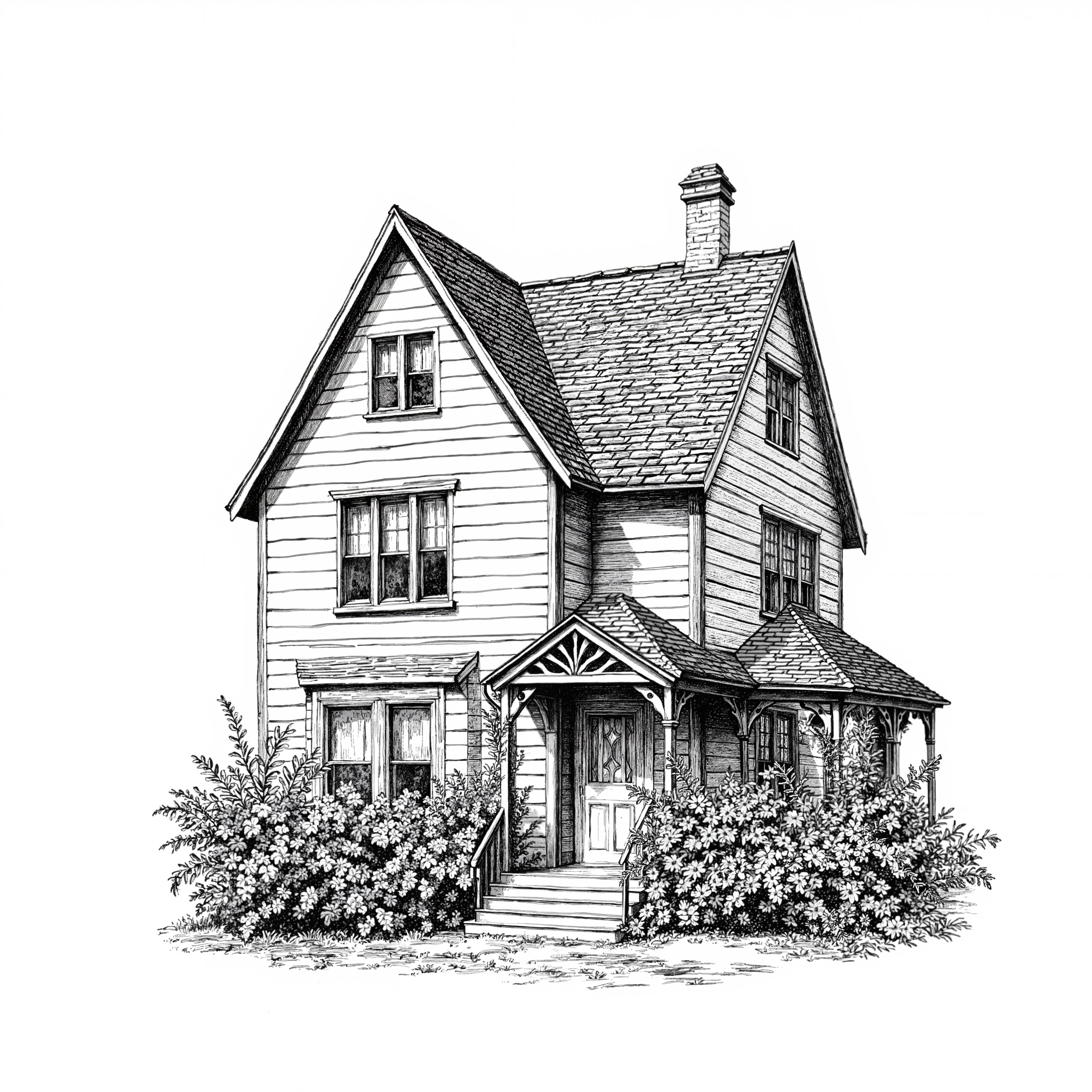Une maison ancienne en bois avec un porche, entourée de buissons fleuris.