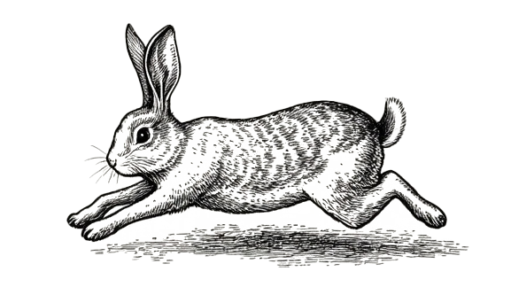Une illustration en noir et blanc d'un lapin coloré en train de courir.