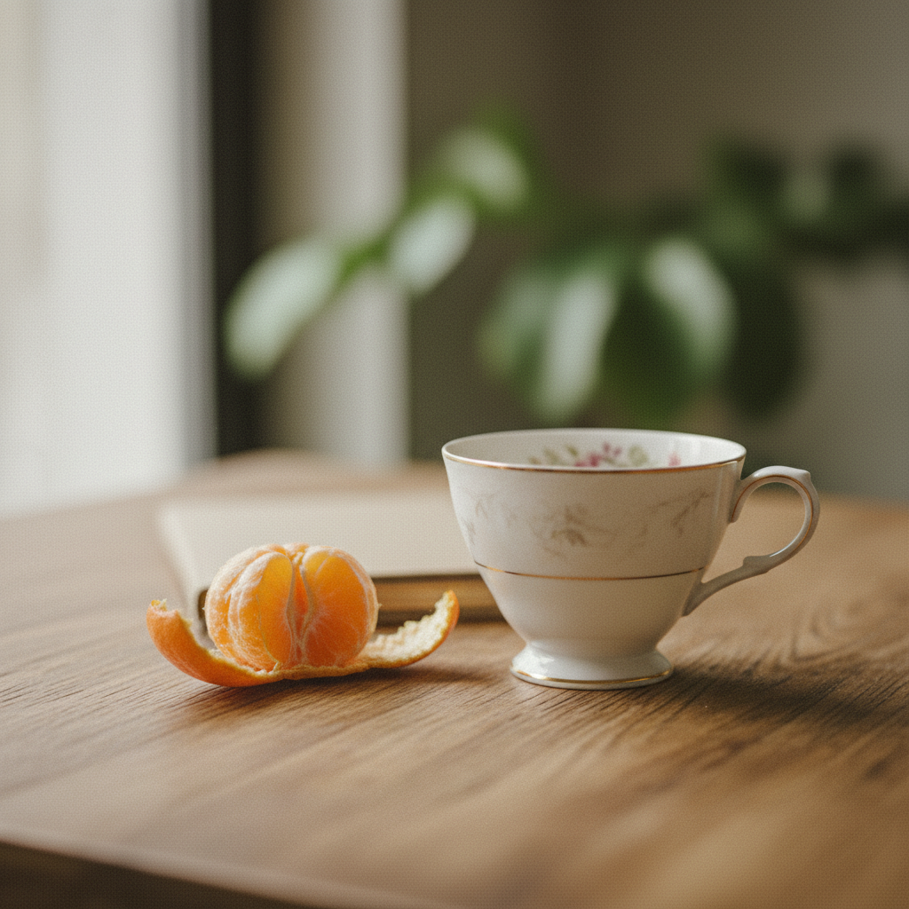 Tasse en porcelaine à fleurs à côté d'une mandarine pelée sur une table en bois, avec un fond flou de plantes vertes