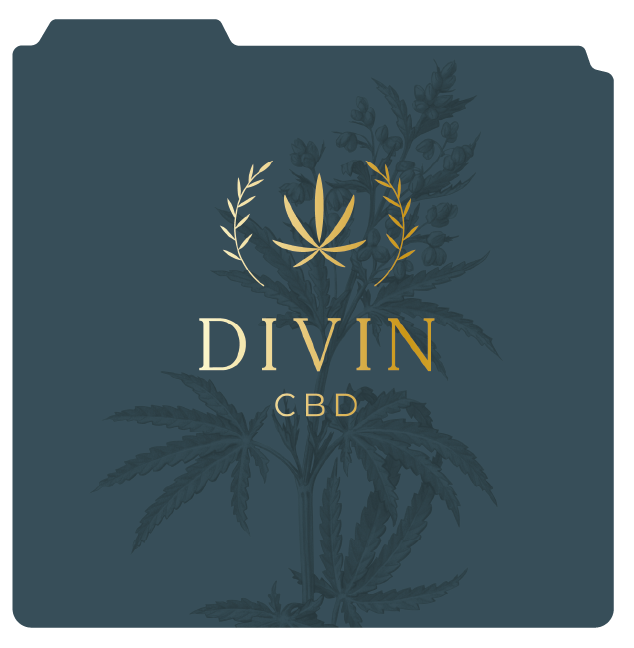 Logo de DIVIN CBD avec une feuille de cannabis stylisée et une couronne de branches dorées, fond sombre avec une image de feuille de cannabis en arrière-plan.