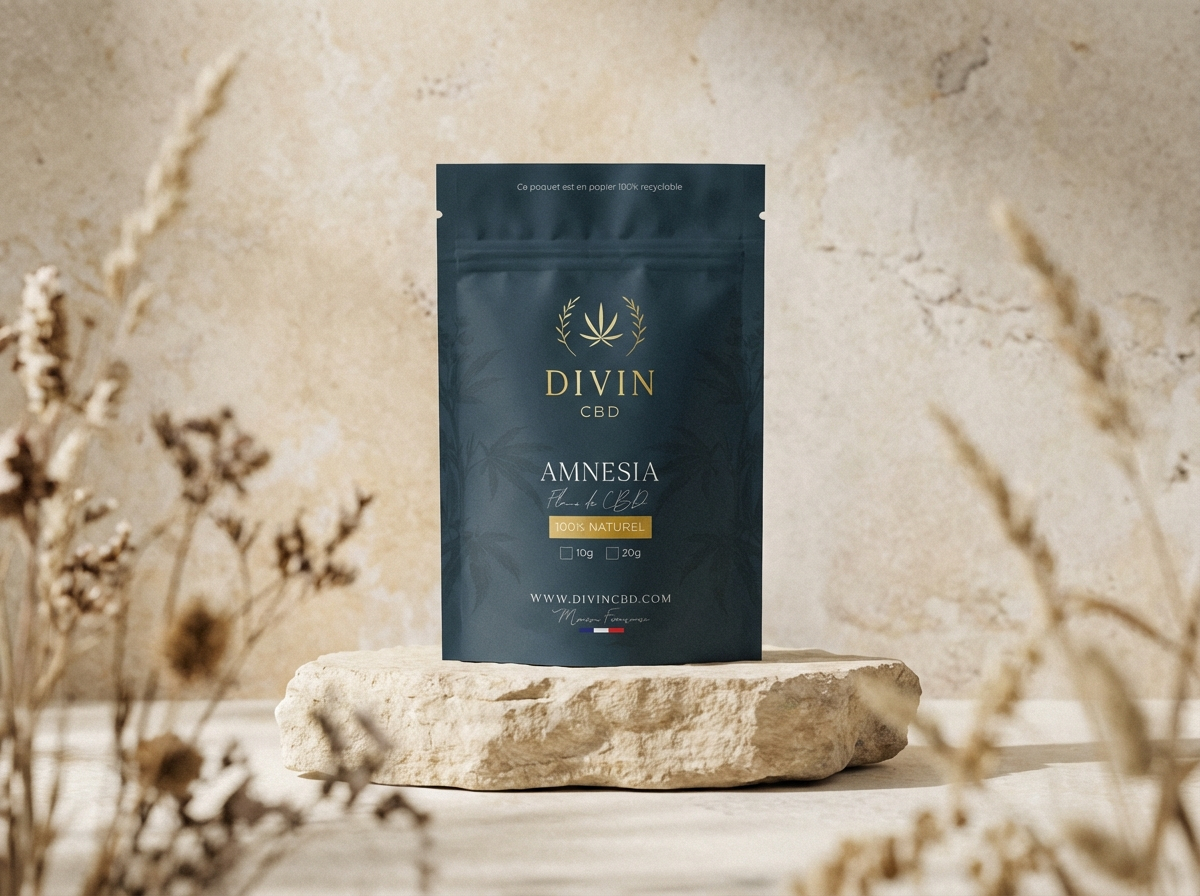 Paquet de CBD de marque Divin, saveur Amnesia, posé sur une pierre beige avec des plantes floues en premier plan, dans un décor minimaliste.