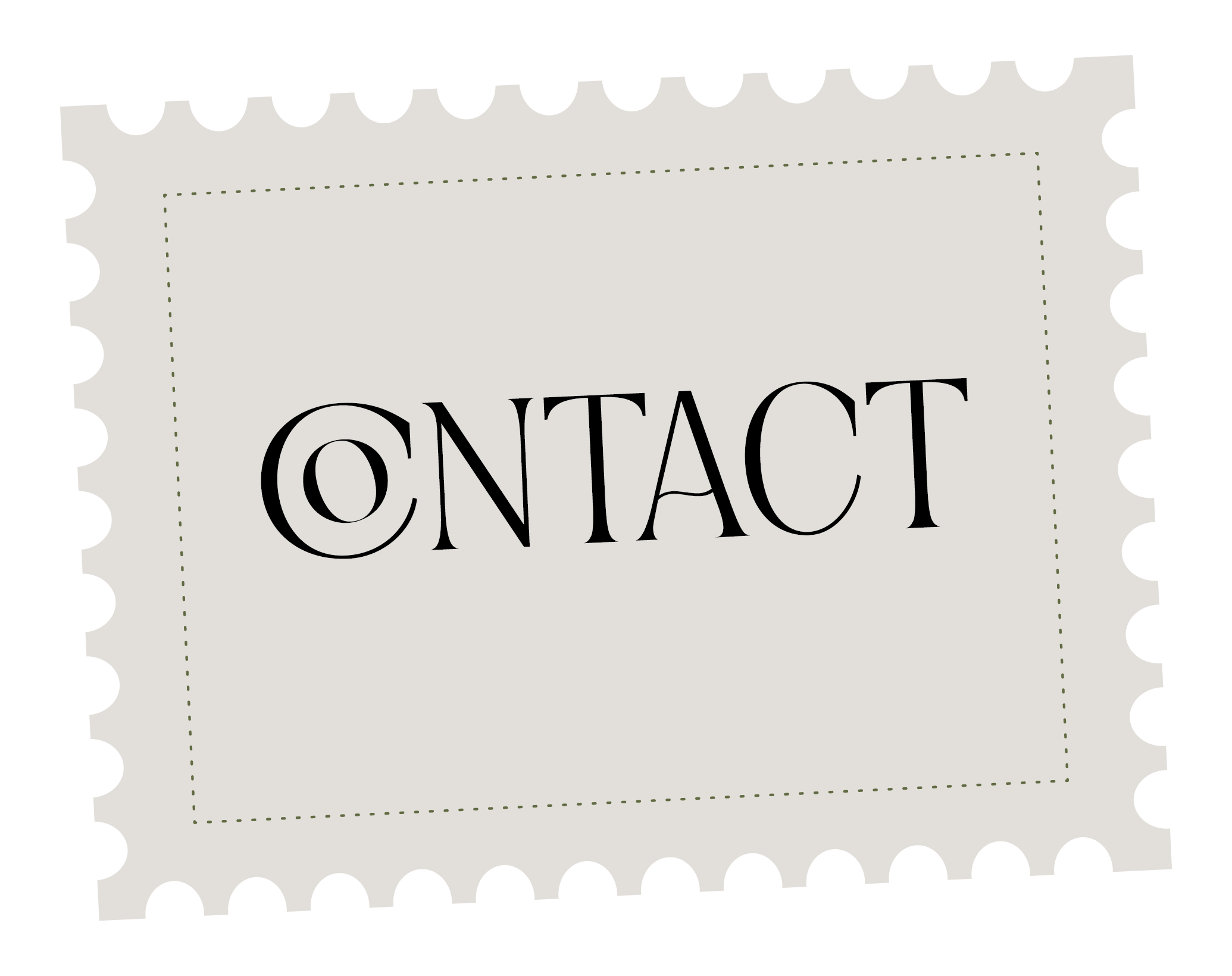 Une étiquette ou un tampon avec le mot 'CONTACT' écrit en lettres noires stylisées sur un fond gris clair, entouré d'une bordure en perforation simulée.