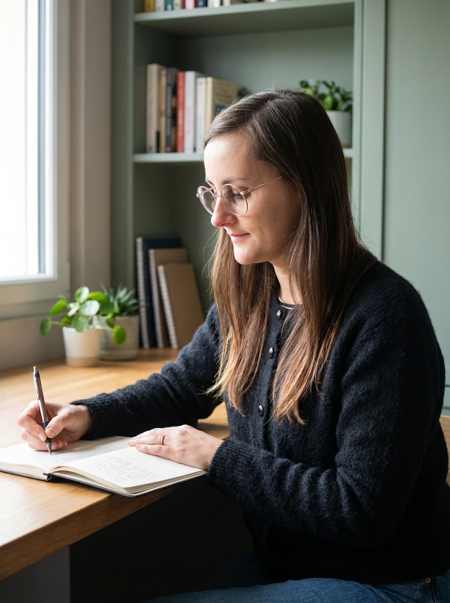 Lauriane Celton Pénisson graphiste, assise à un bureau en train d'écrire dans un carnet, près d'une fenêtre avec des plantes, dans une pièce avec une étagère contenant des livres.