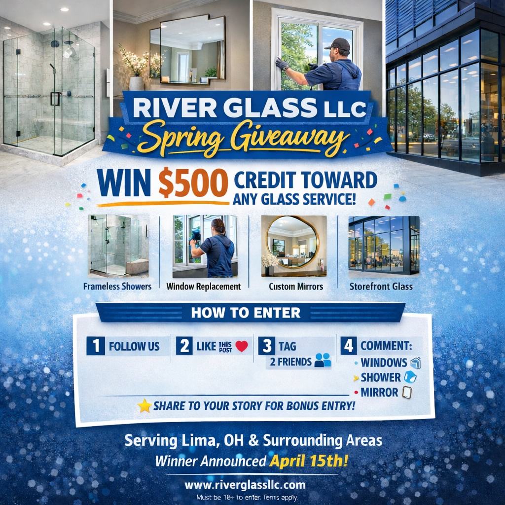A promotional flyer for River Glass LLC's Spring Giveaway, featuring images of glass showers, window replacement, custom mirrors, and storefront glass, with contest entry instructions and a chance to win a $500 credit.