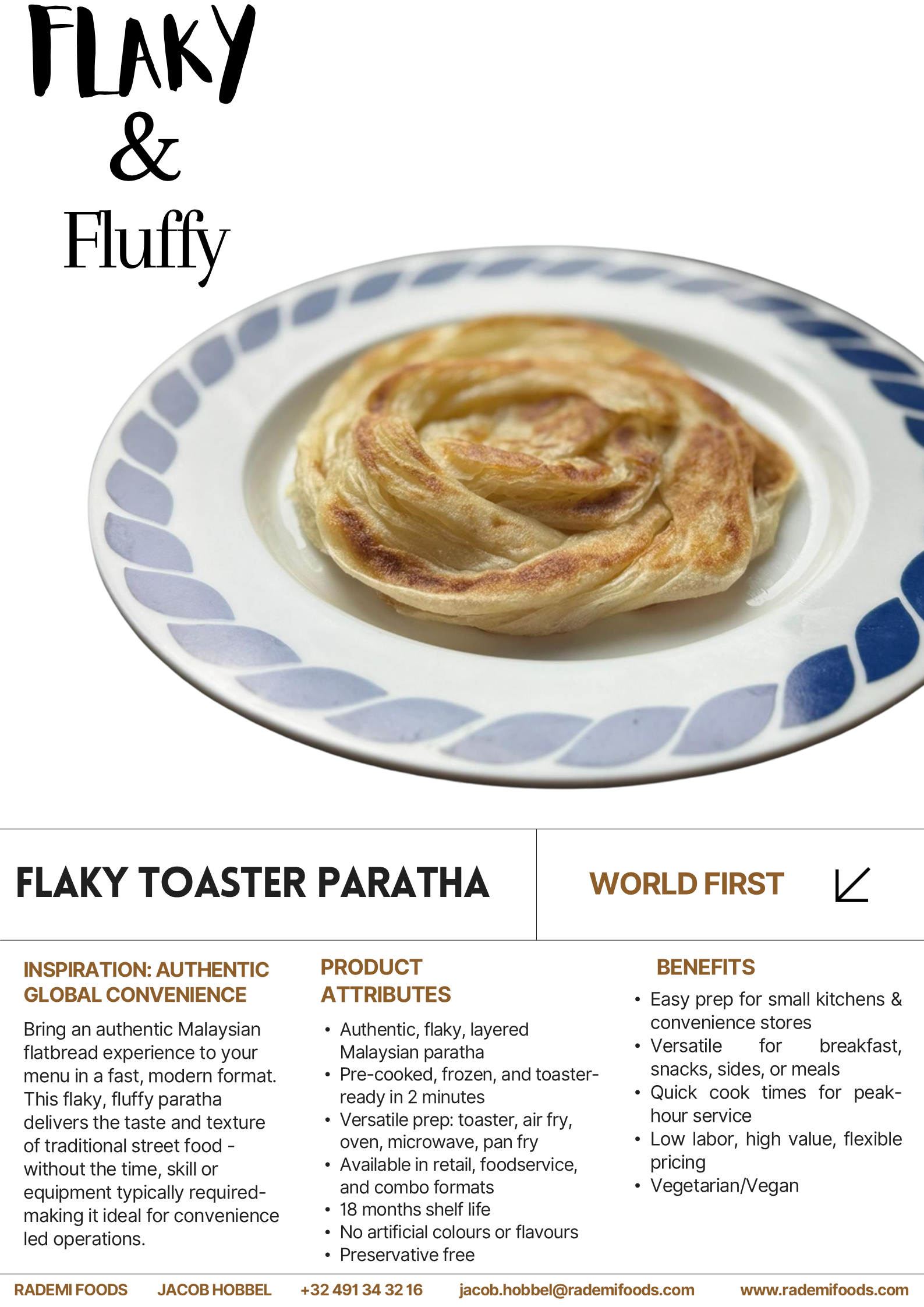 A flaky, layered Malaysian toasts on a decorative white plate with blue patterns, accompanied by product description and benefits for a frozen paratha product.