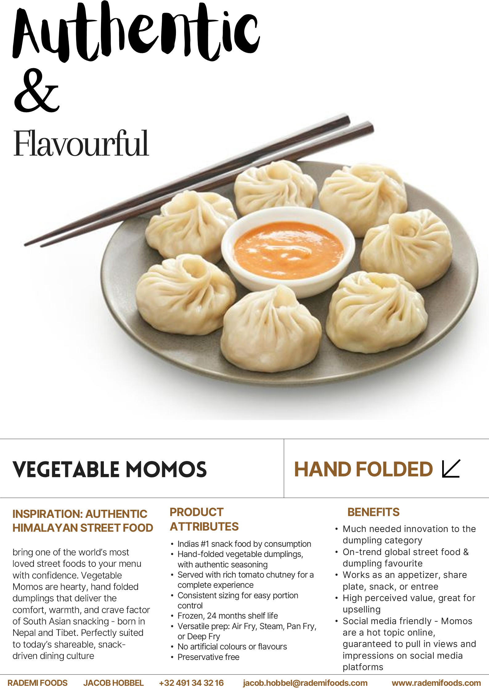 Plate of steamed vegetable Momos with a small bowl of orange dipping sauce and chopsticks on a white background.