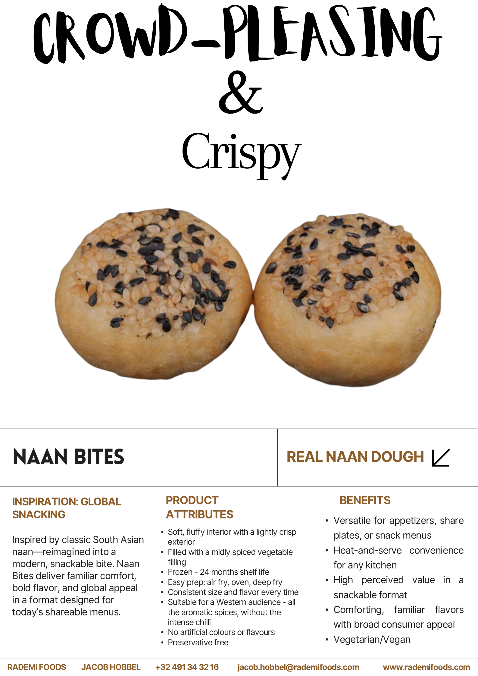 Two round, golden-brown naan bites topped with black sesame seeds on a white background with text above and below describing the product as crispy, with detailed product information.