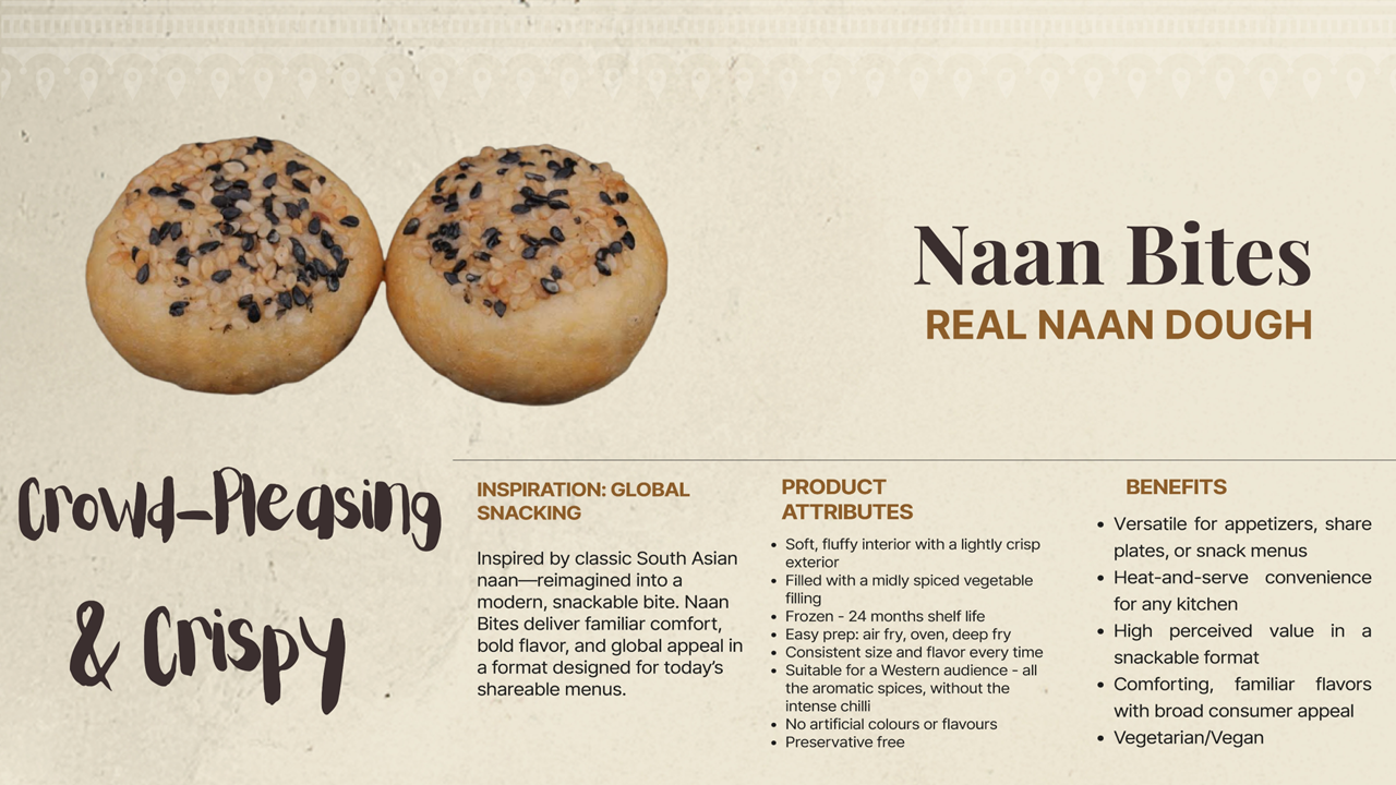 Two round snack bites sprinkled with sesame seeds on top, part of a product labeled 'Naan Bites' made from real naan dough.