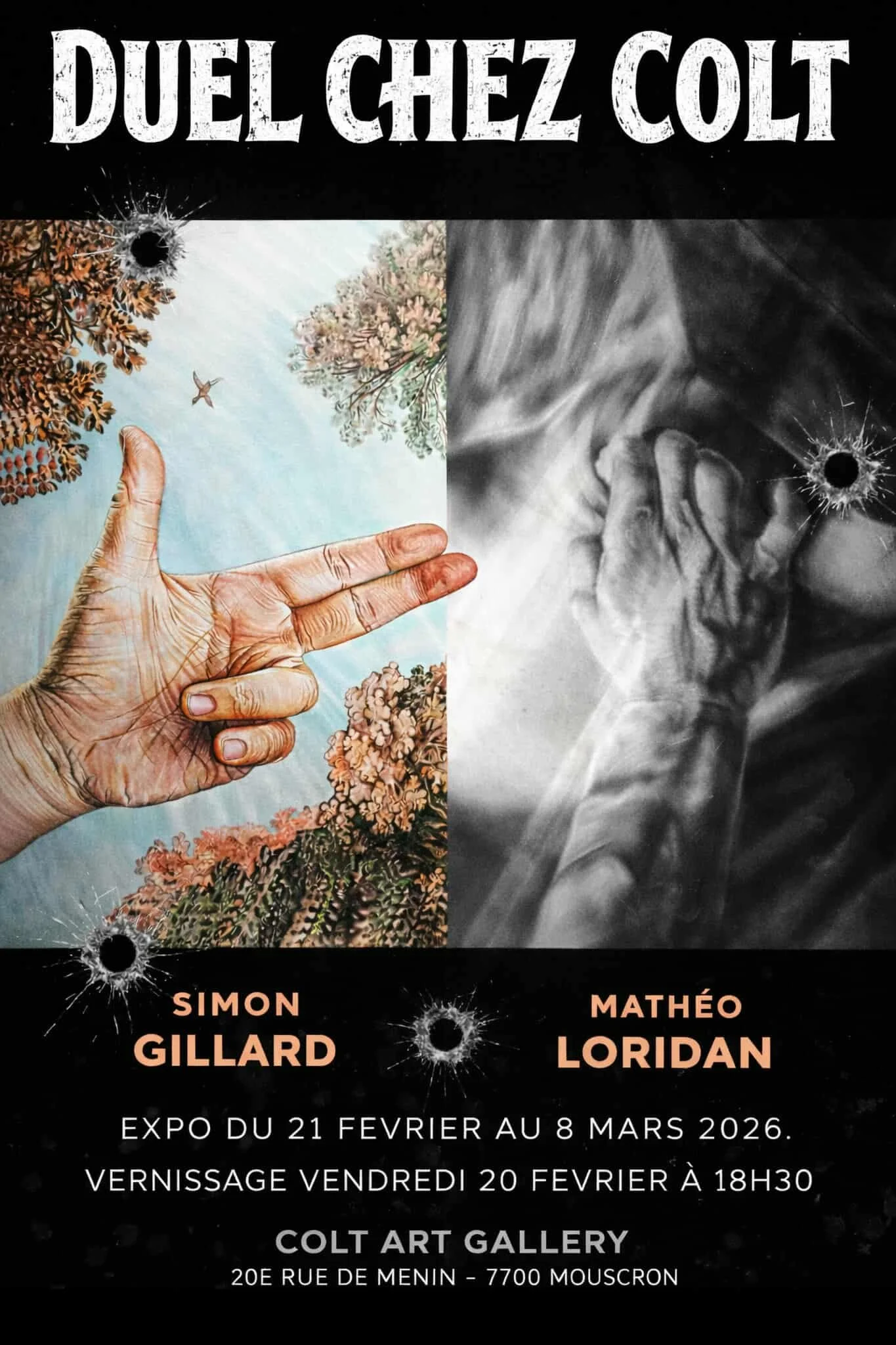 Affiches pour l'exposition d'art « Duel Chez Colt », présentant les œuvres de Simon Gillart et Mathéo Loridan à la galerie Colt Art de Mouscron, du 21 février au 8 mars 2026, avec un vernissage le 20 février à 18h30.