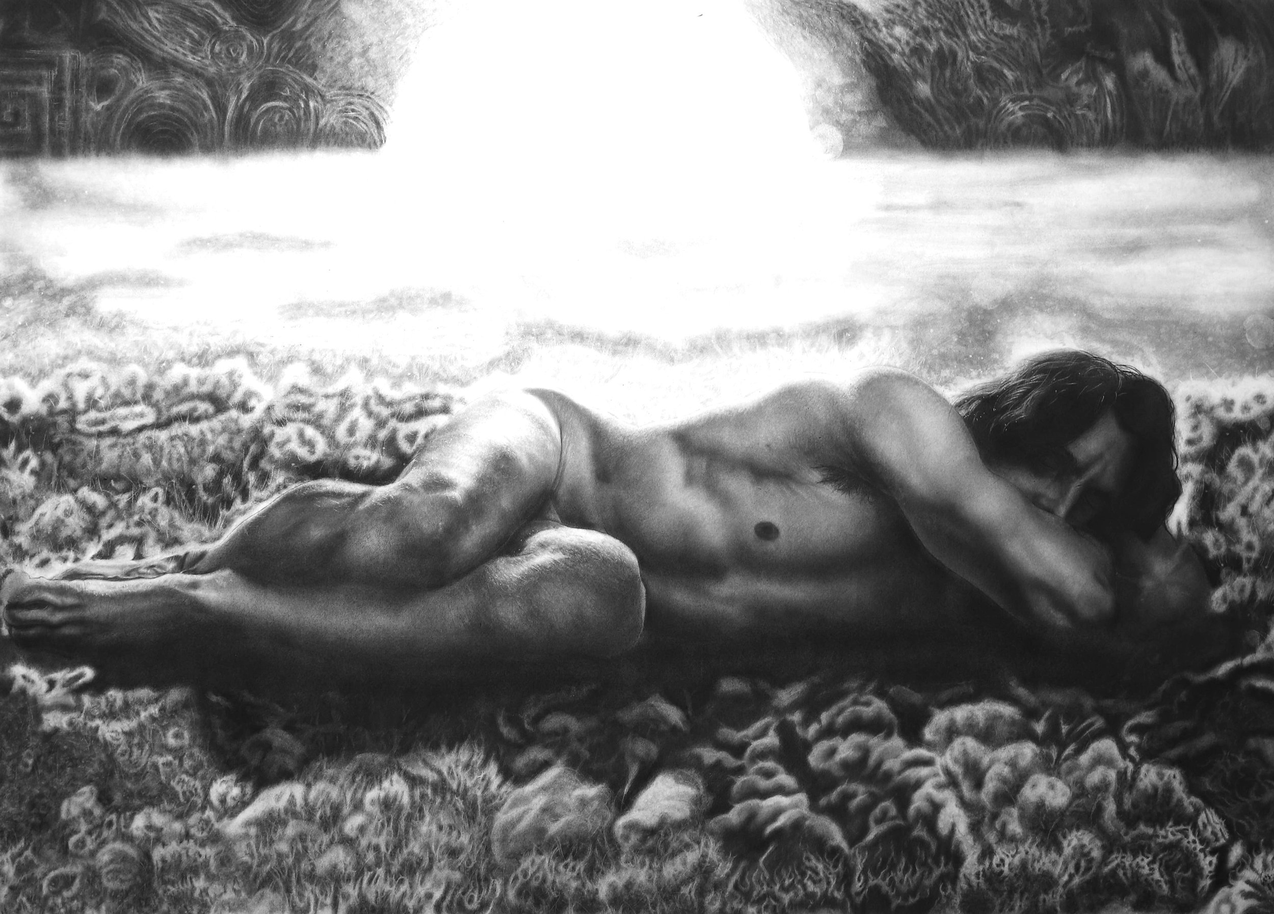 A black and white painting of a nude man lying on his side on a rocky surface with waves washing over him and a bright sunlight in the background.