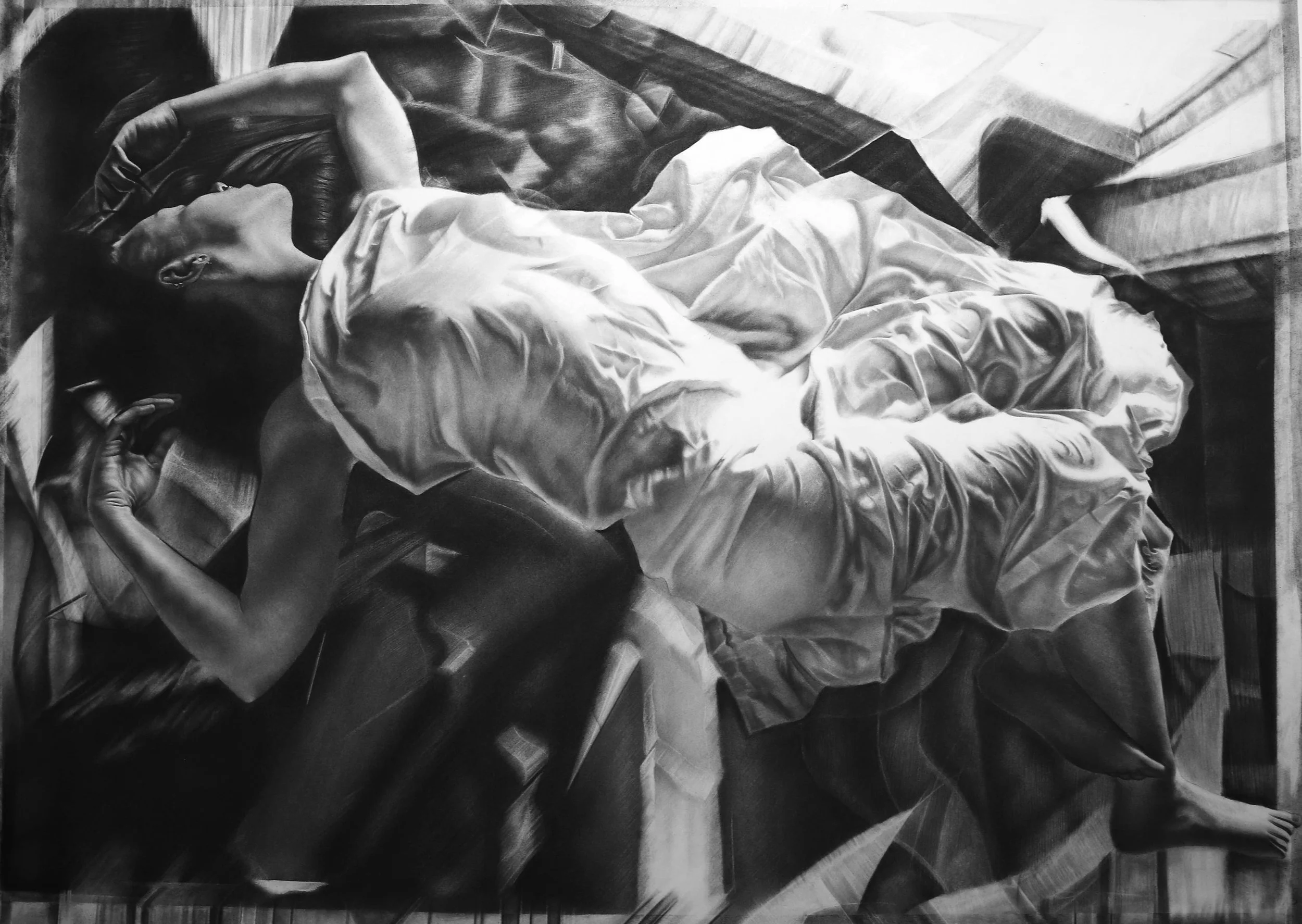 Black and white painting of two women lying on a bed, one with her head turned back and the other with her face covered by a sheet.