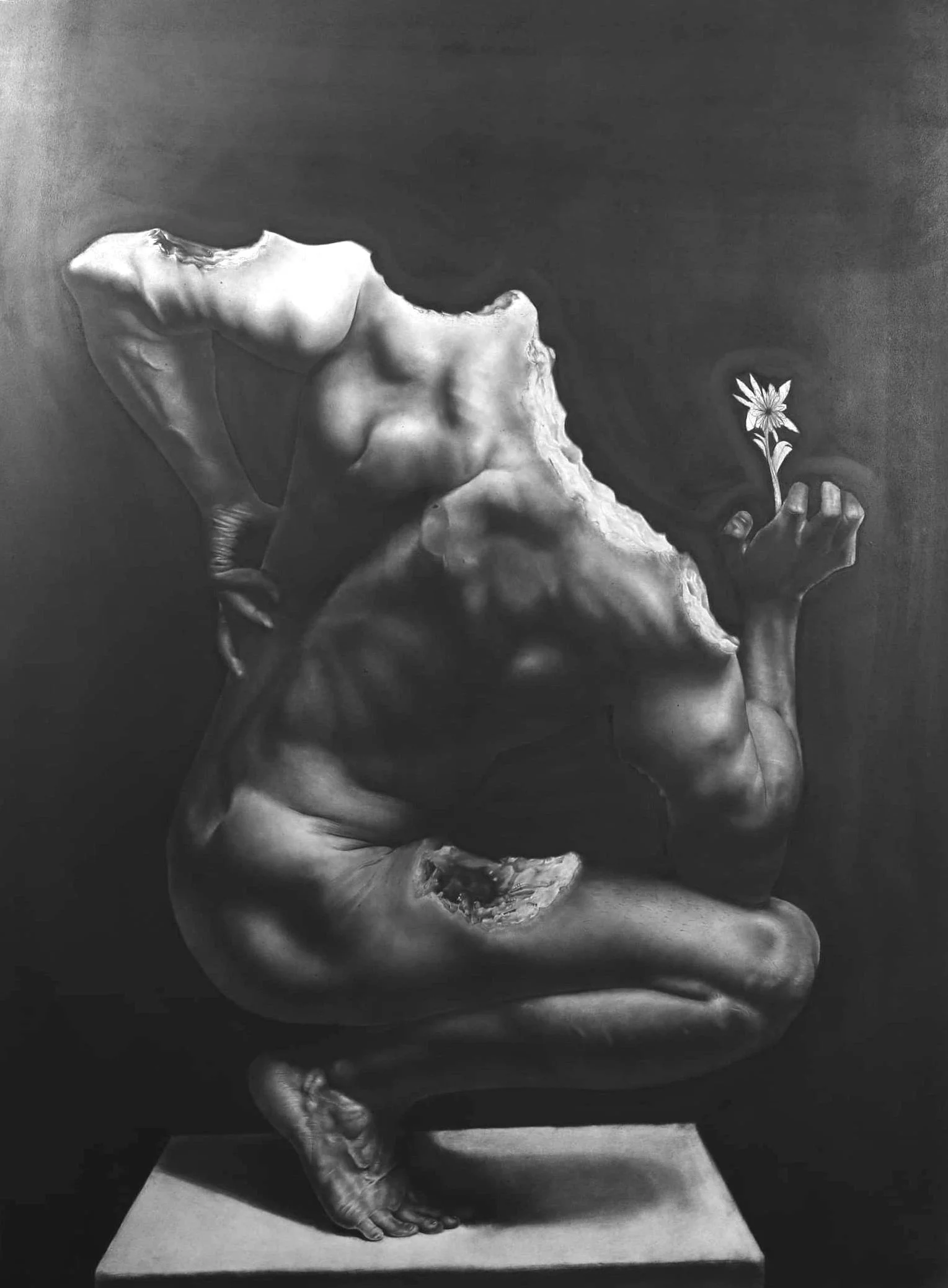 Black and white painting of a human figure with a distorted, abstract form, holding a flower in one hand, with a dark background.