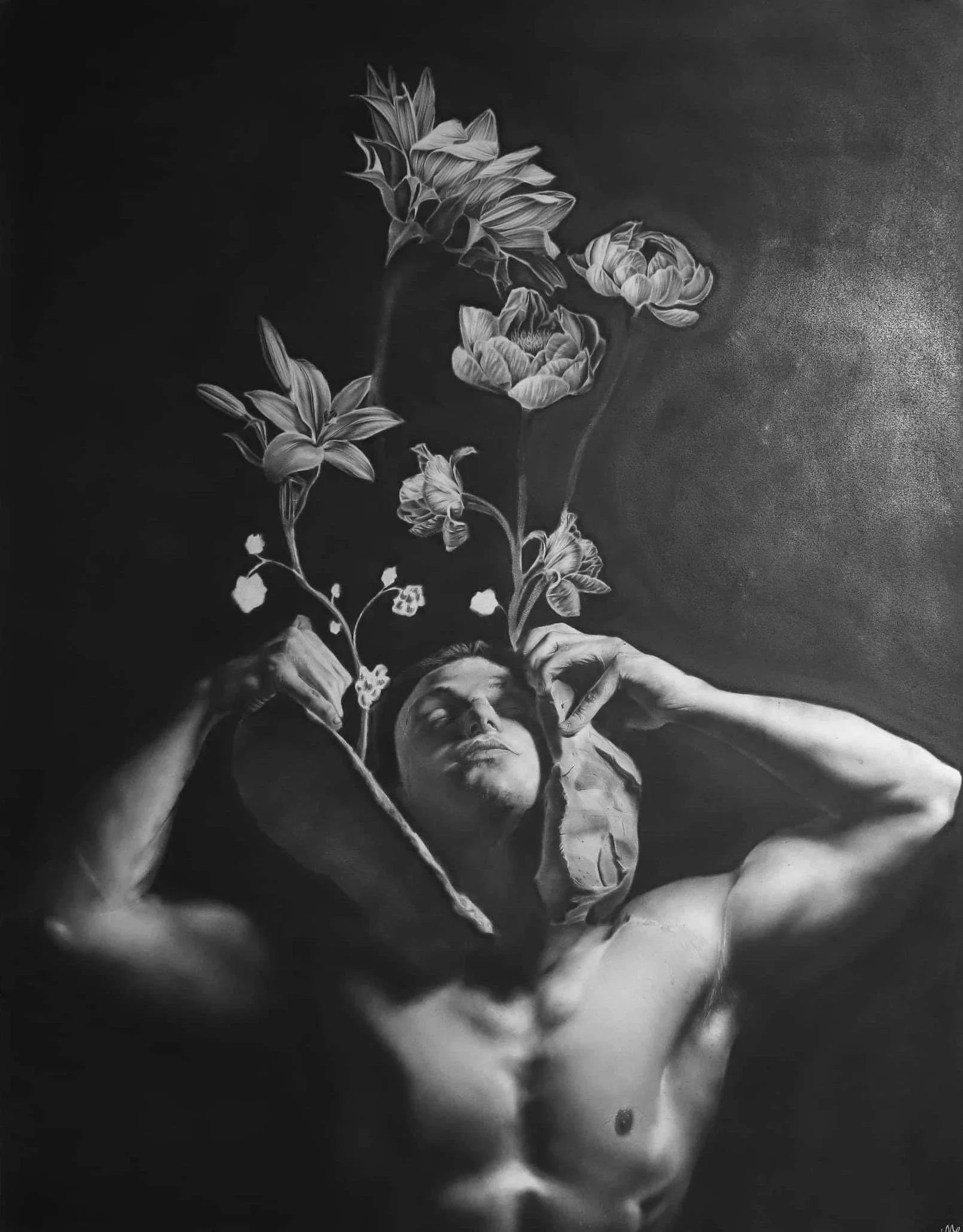 A black and white drawing of a topless woman lying on her back with her eyes closed, surrounded by flowers and foliage, with her hands near her head.
