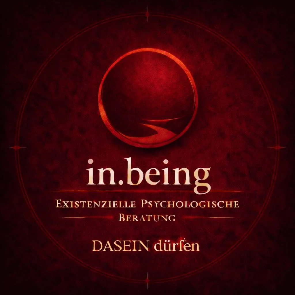 Ein dunkles, rotes Design mit einem roten Kreis und einer spiralförmigen Linie in der Mitte. Darunter steht in weißer Schrift: 'in.bing', gefolgt von 'Existenzielle Psychologische Beratung' und 'Dasein dürfen'.