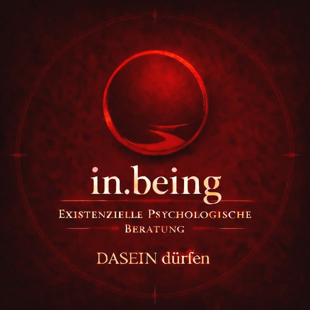 Ein rotes, abstraktes Design mit einem Kreis und dem Text: "in.being Existenzielle Psychologische Beratung DASEIN dürfen".